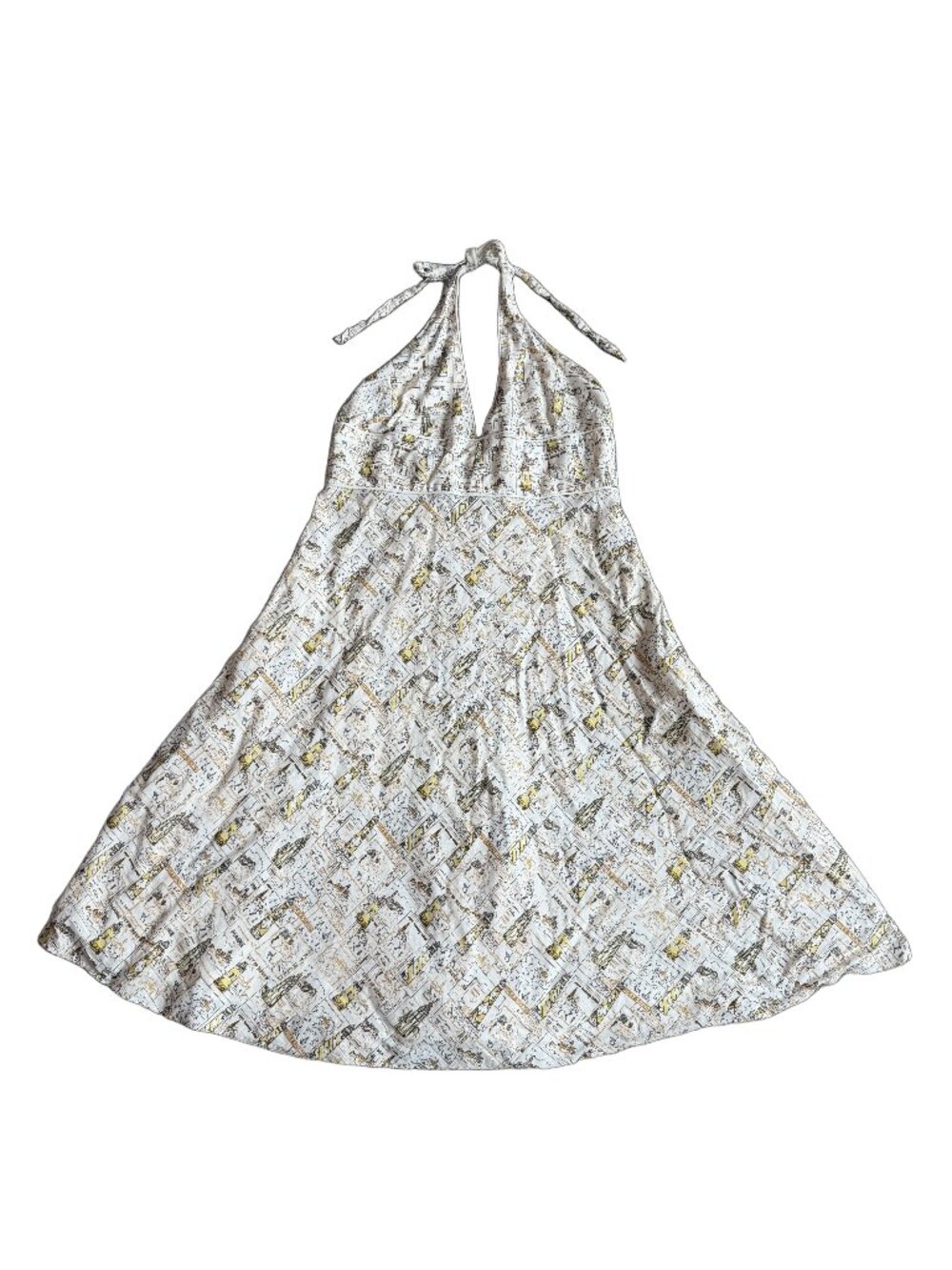 J. Crew White Gold Nautical Map Print Halter Midi Dress Plunging Size 14 Women's